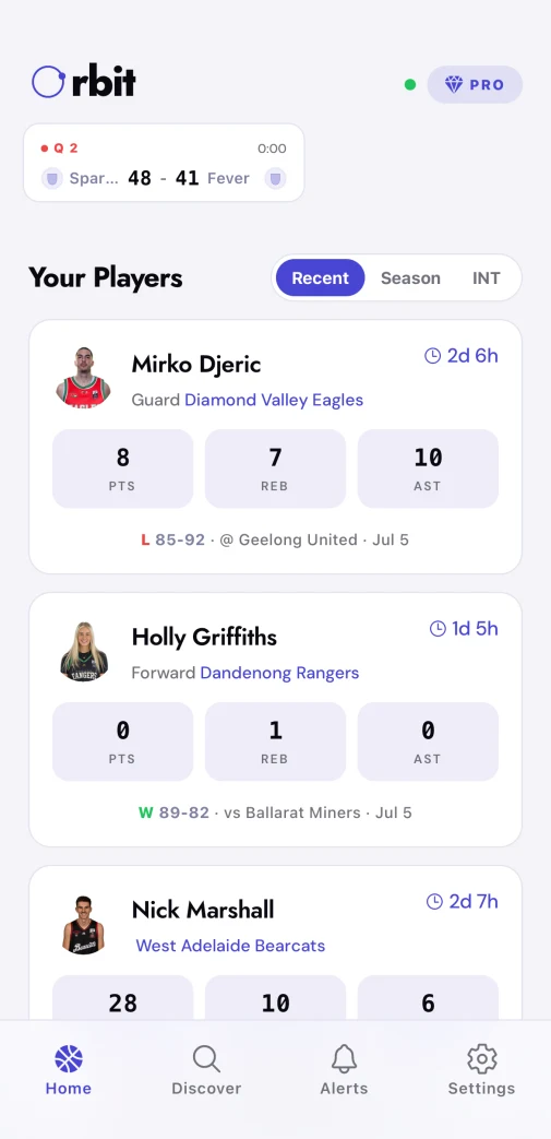 Orbit home screen with followed players and a live game ticker